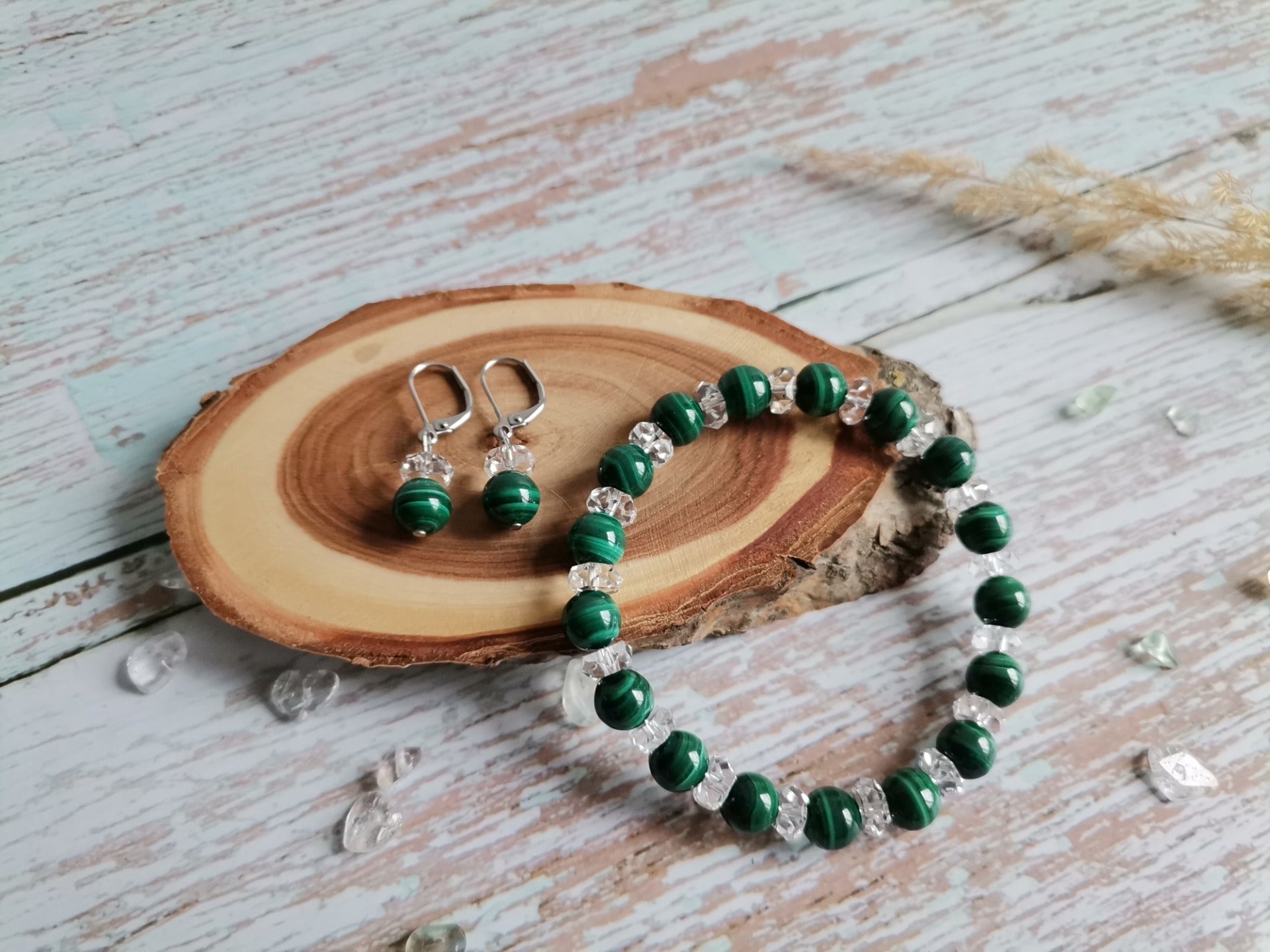 AA malachit Ø 8 mm s křišťálem – náramek a náušnice