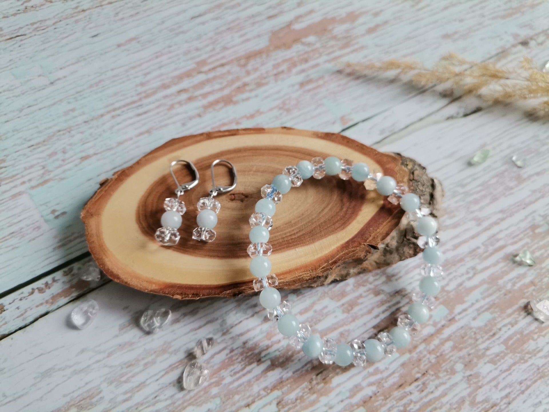 Akvamarín Ø 6 mm s křišťálem – náramek a náušnice