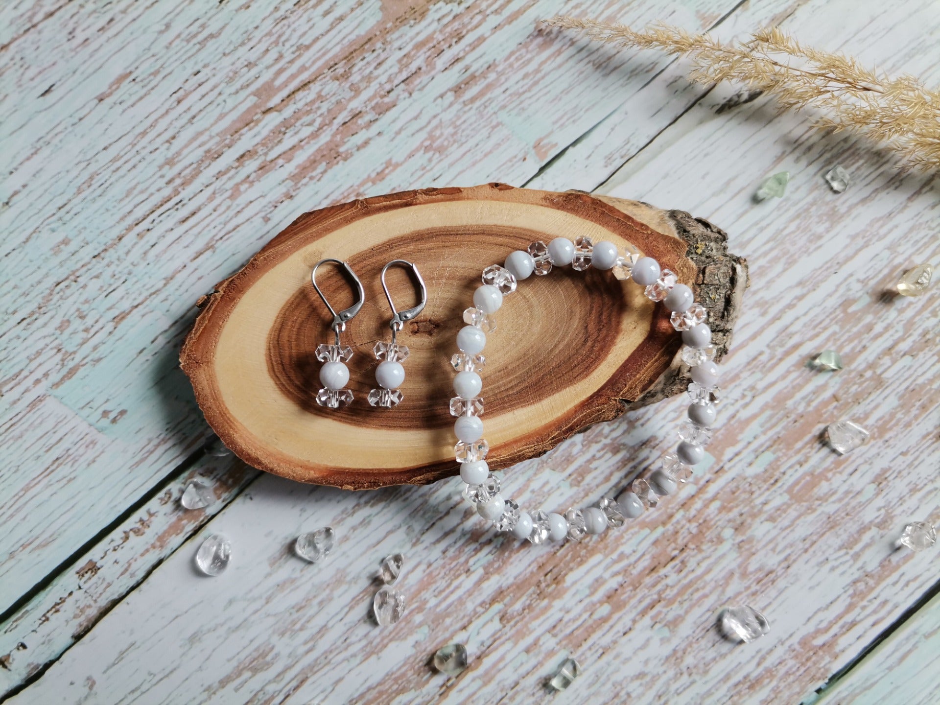 Náramek a náušnice z chalcedonu a křišťálu Ø 6 mm