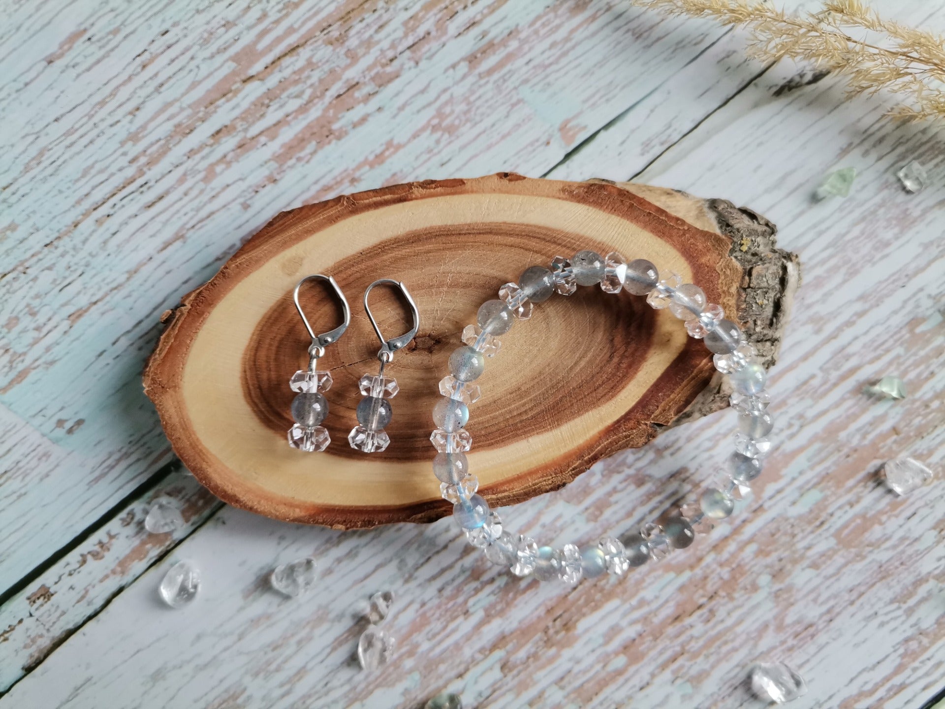 Náramek a náušnice z labradoritu a křišťálu Ø 6 mm