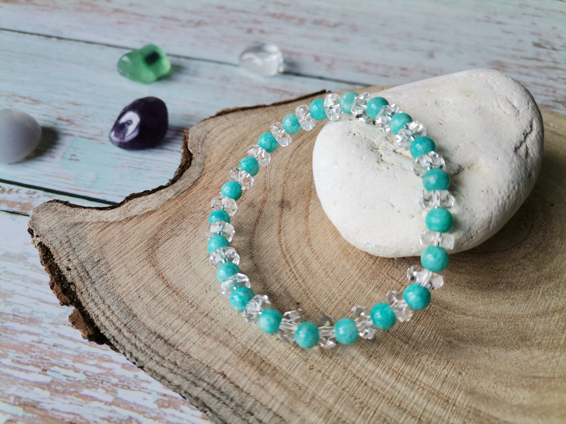 Amazonit AA Ø 6mm a křišťál disk Náramek