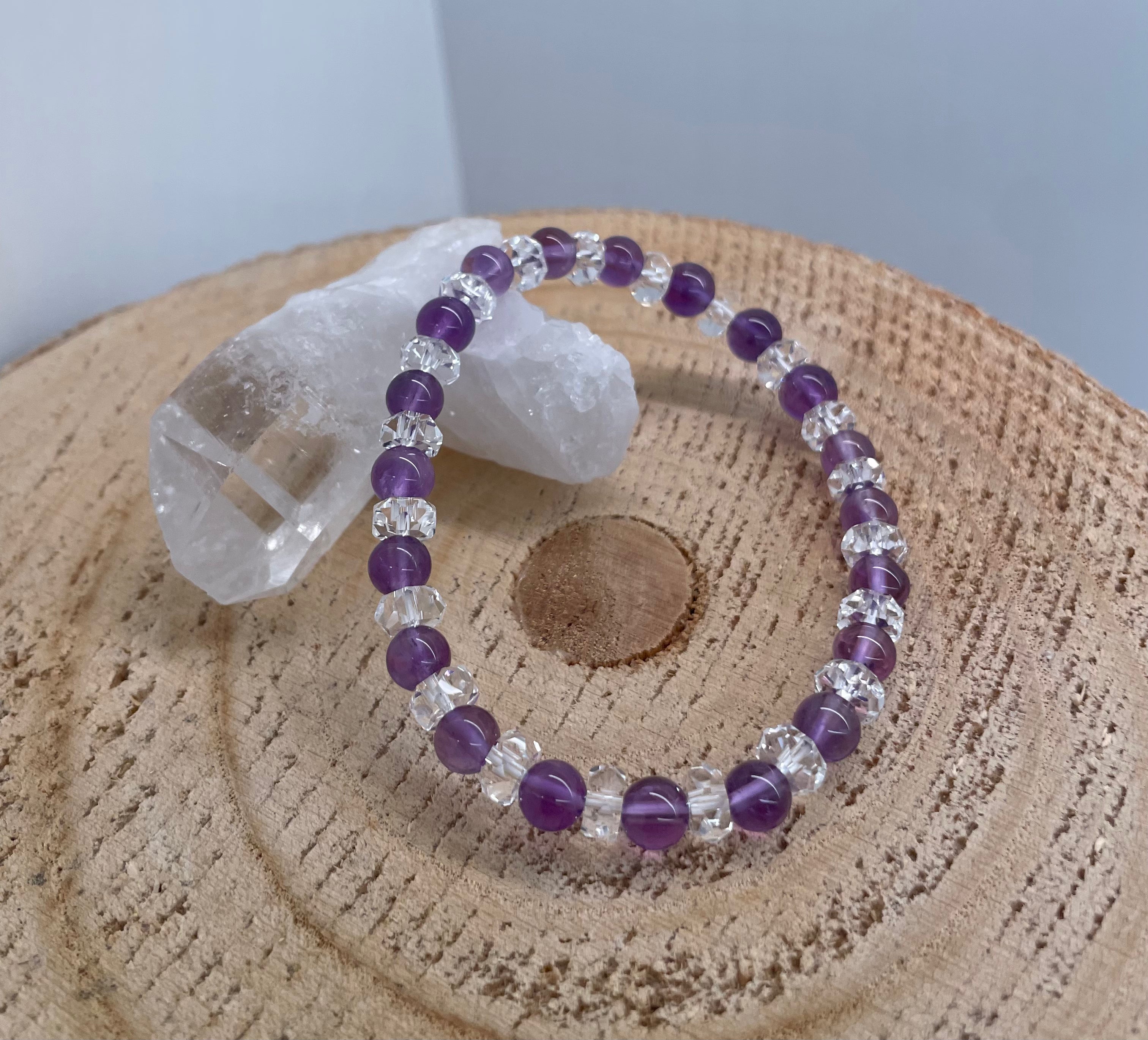 Amethyst 6mm + Clear Quartz disk - Bracelet