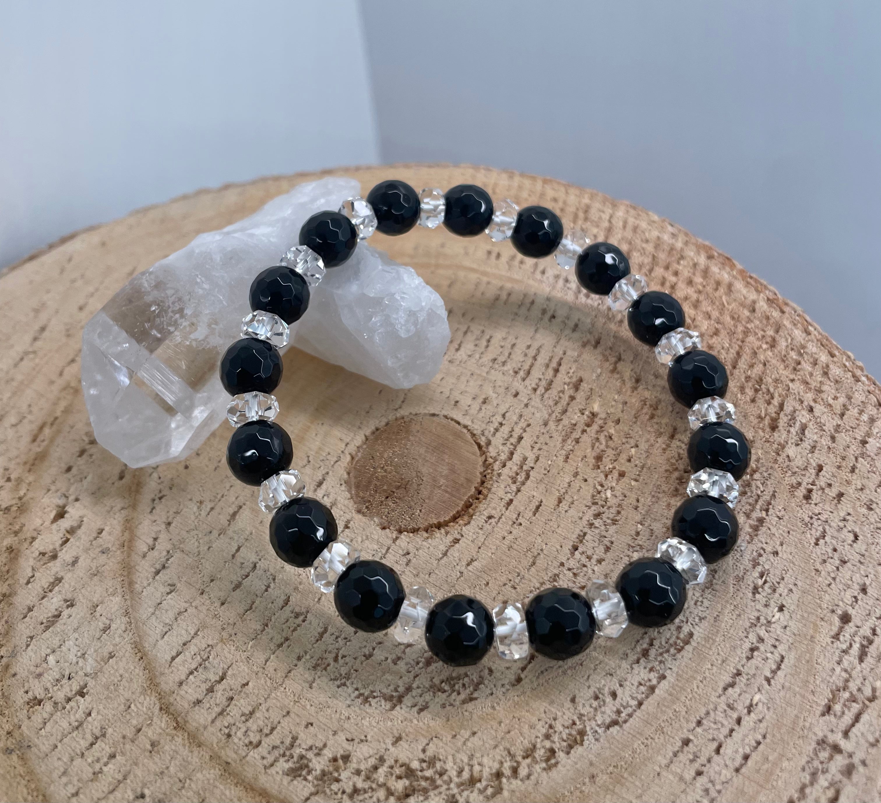 Onyx 8mm Faceted + Clear Crystal Disk - Bracelet