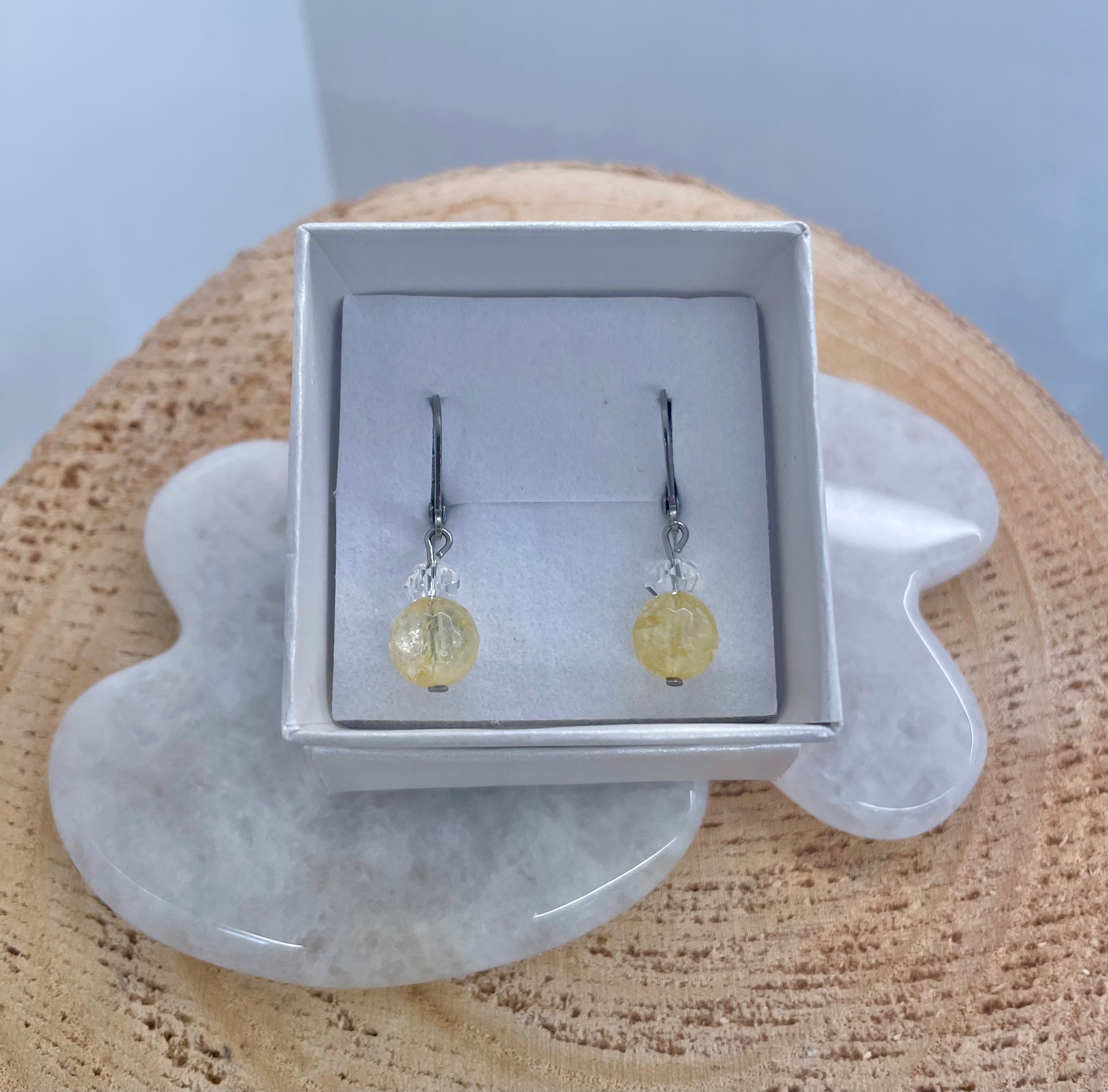 Citrine 8mm + Clear Quartz disk Earrings