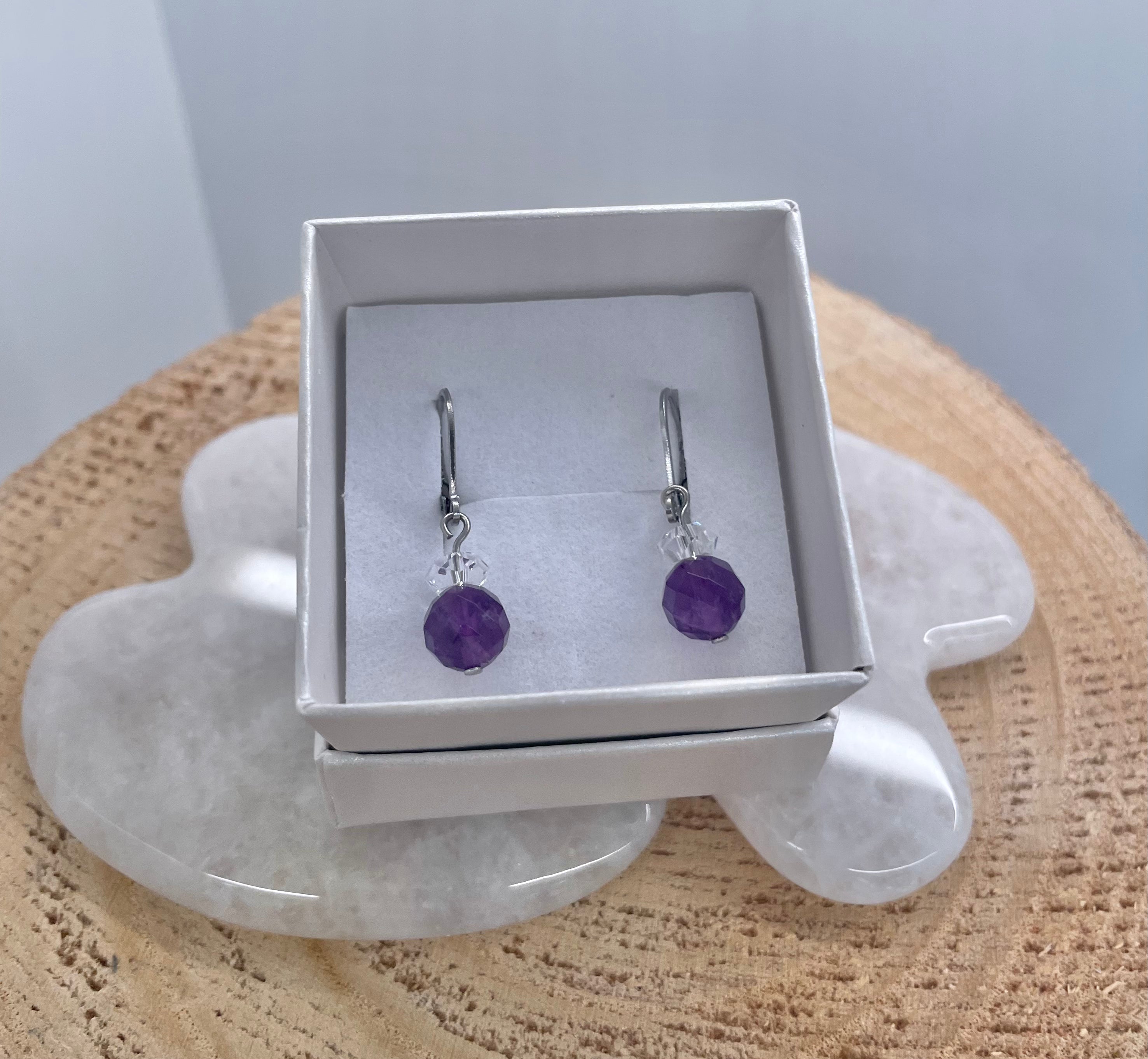 Amethyst Faceted 7mm + Clear Quartz disk - Earrings