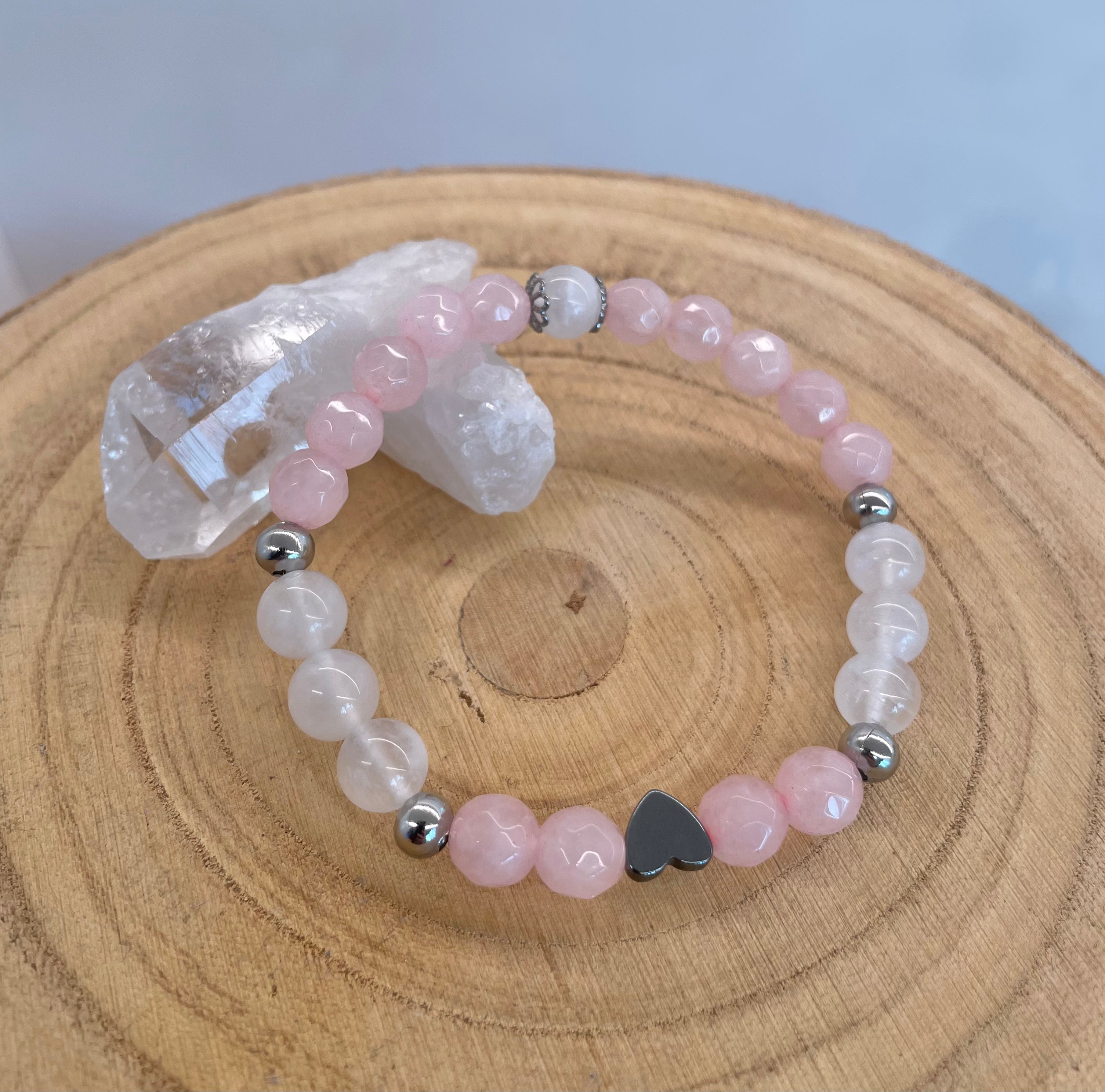 Rose Quartz, Moonstone & Hematite - 8mm Bracelet