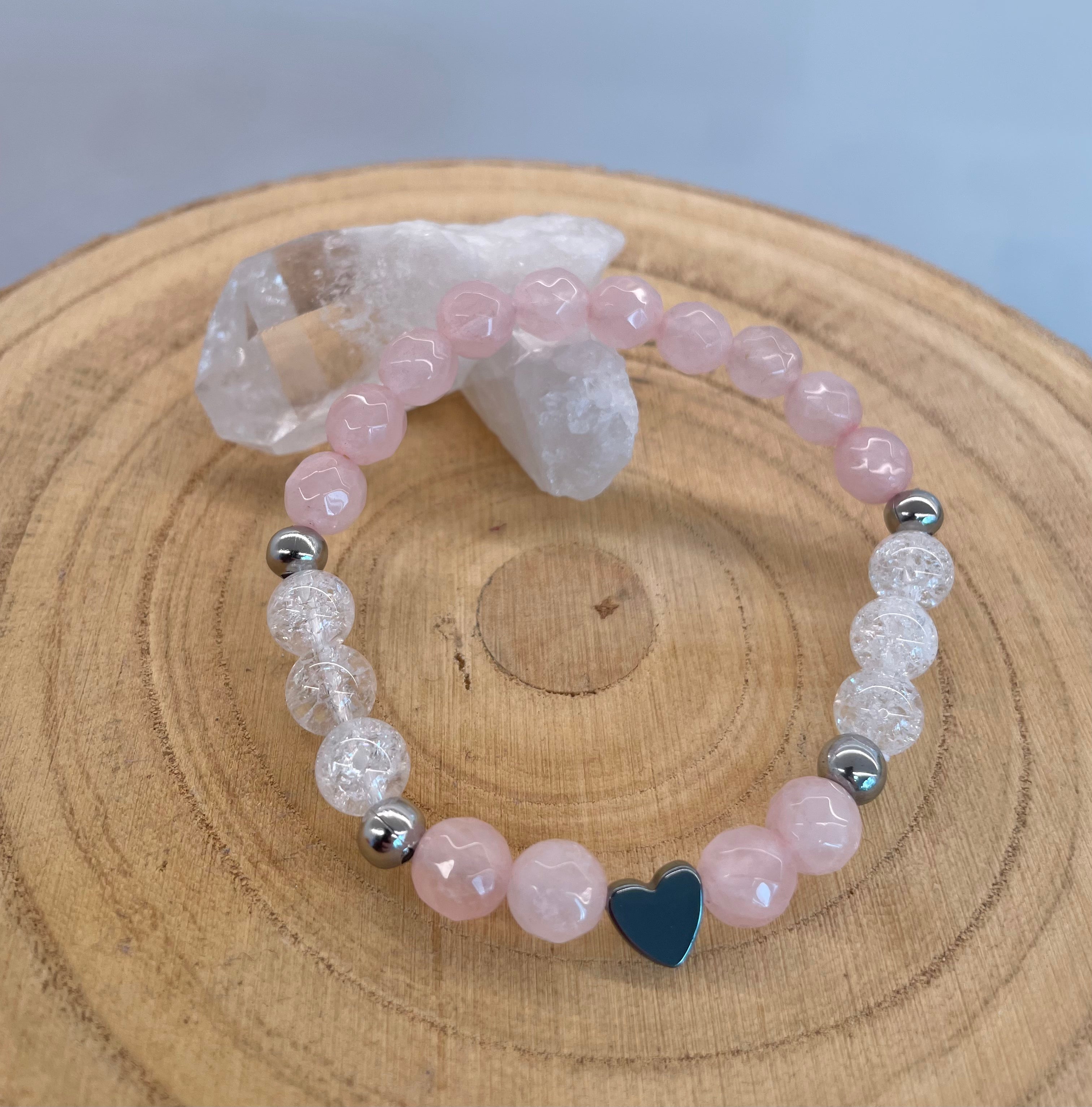 Rose Quartz, Cracked Quartz & Hematite - 8mm Bracelet